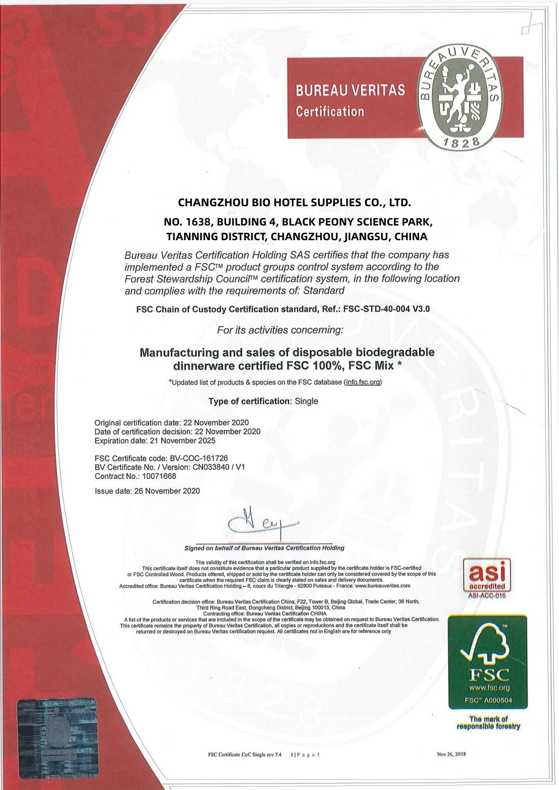 Chiny Changzhou Bio Hotel Supplies Co., Ltd. Certyfikaty